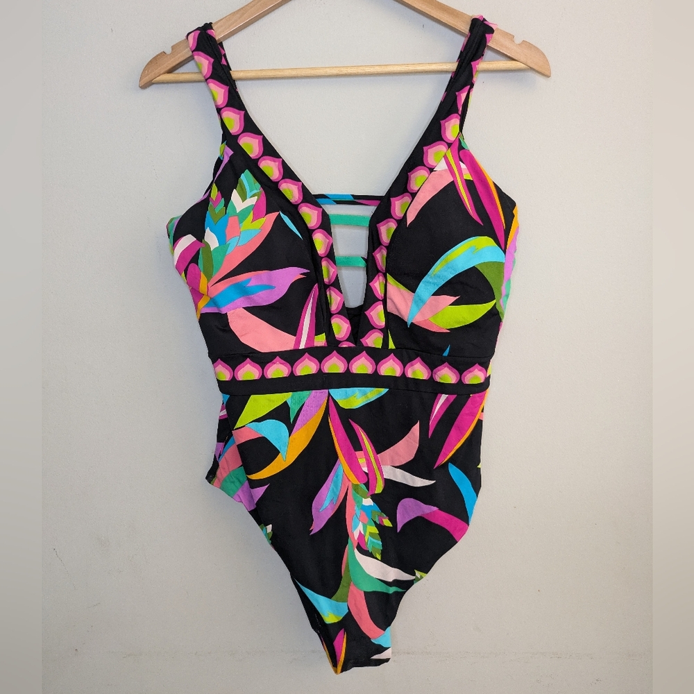 Trina Turk Birds Of Paradise Plunge One-Piece Swimsuit Size 14 - Picture 3 of 7